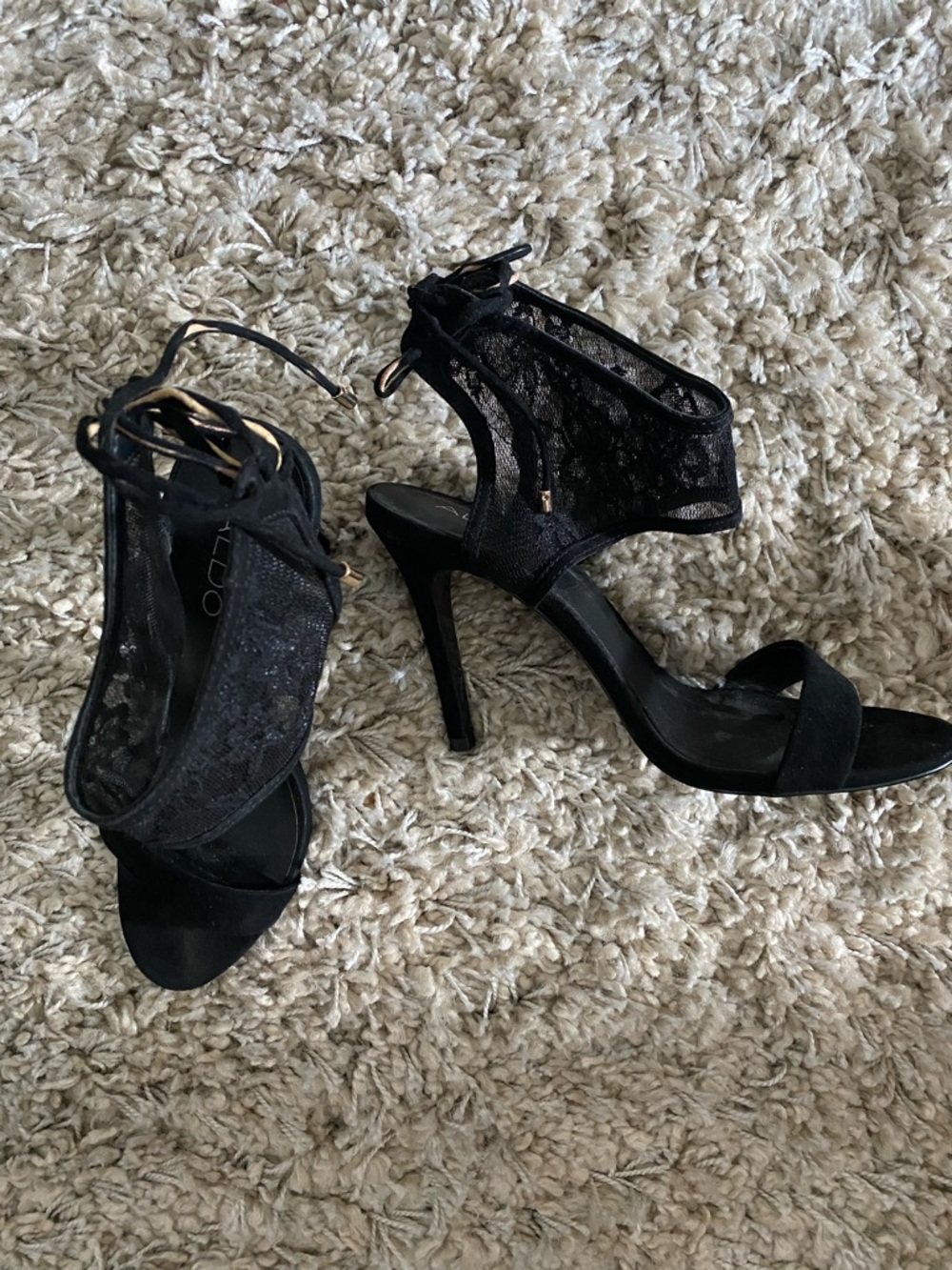 Aldo Black Lace Ankle-Cuff Stiletto Sandals